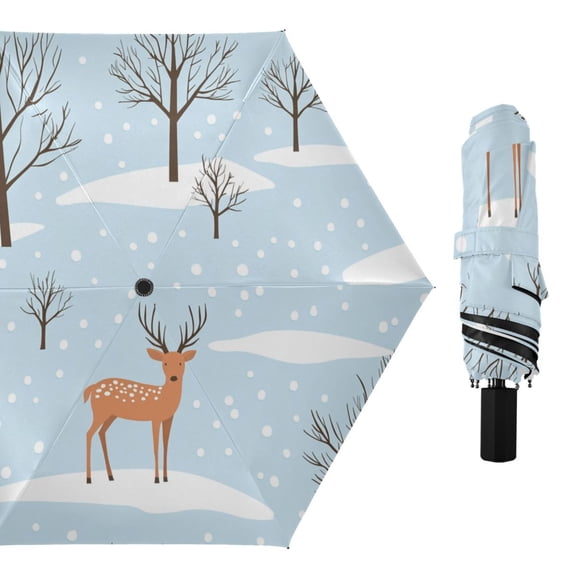 Deers Winter Snow Trees All Weather Umbrella Triple Folding Parasol 6 Ribs UV Protection Portable