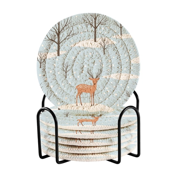 Deers Winter Snow Trees Drinking Coasters Cup Mat with Holder for Kitchen Cafe Bar 6 Packs