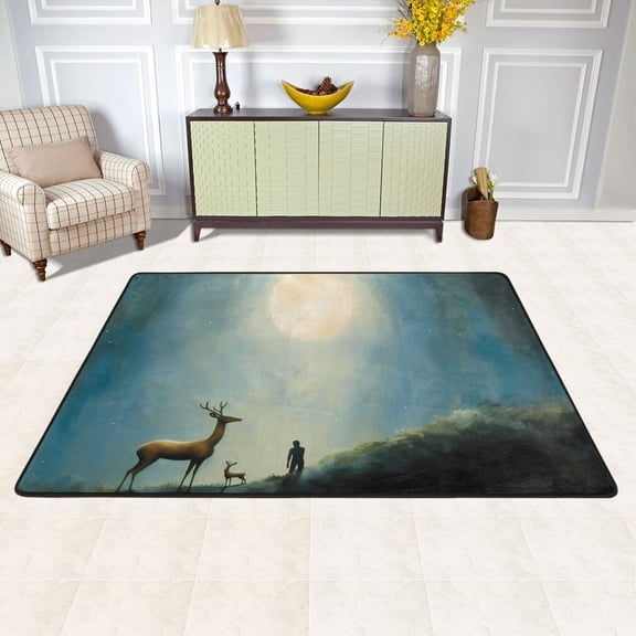Deers and Moon Person Area Rug Washable 72 x 48 Floor Carpet Mat Non Slip for Bedroom Living Room Kids Room Home Decor