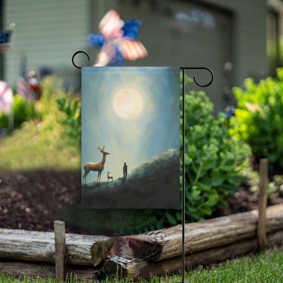 Deers and Moon Person Garden Flag Double Sided Outdoor Banners for Courtyard Outdoor Lawn Farmhouse Holiday Decorations