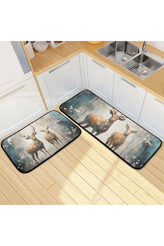 Deers in Blue Kitchen Mats Set 2 Piece Non Slip Floor Foam Rugs Cushioned Soft Waterproof Carpet Runner for Dining Room Bathroom Laundry