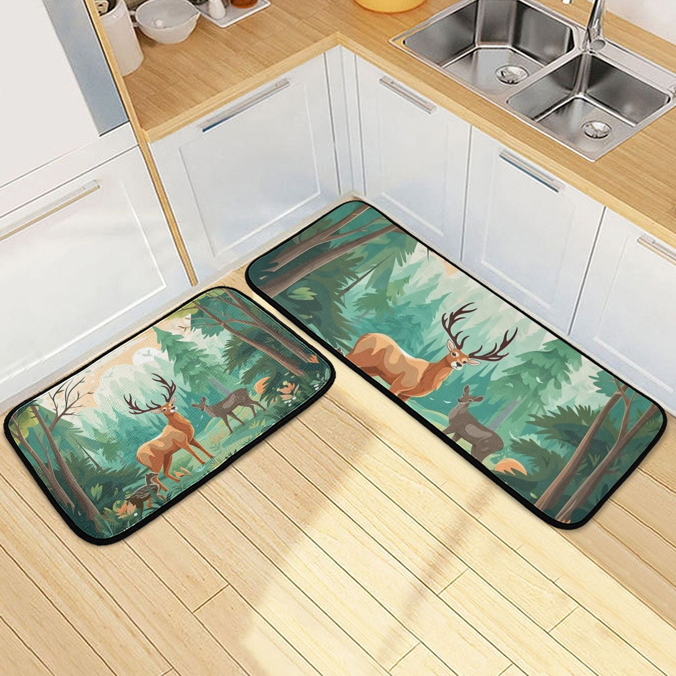 Deers in Forest Kitchen Rugs Set of 2 Non Slip Floor Foam Mat Cushioned ...
