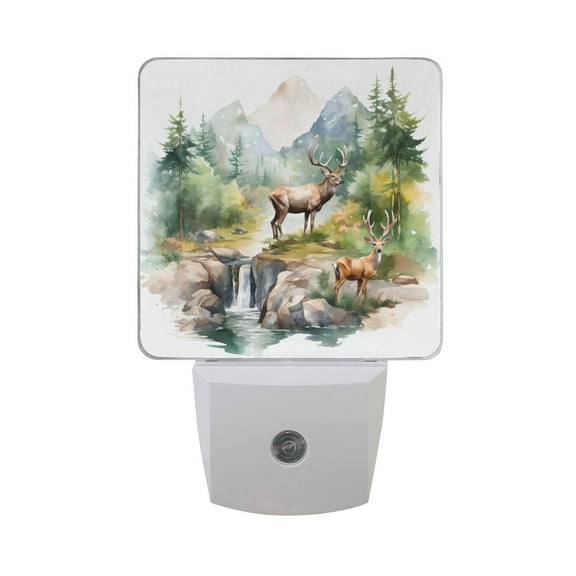 Deers in Forest Night Light LED Dusk to Dawn Auto Sensor Night Lamp Plug-in Nightlight for Bedroom Hallway Kitchen 2 PCs