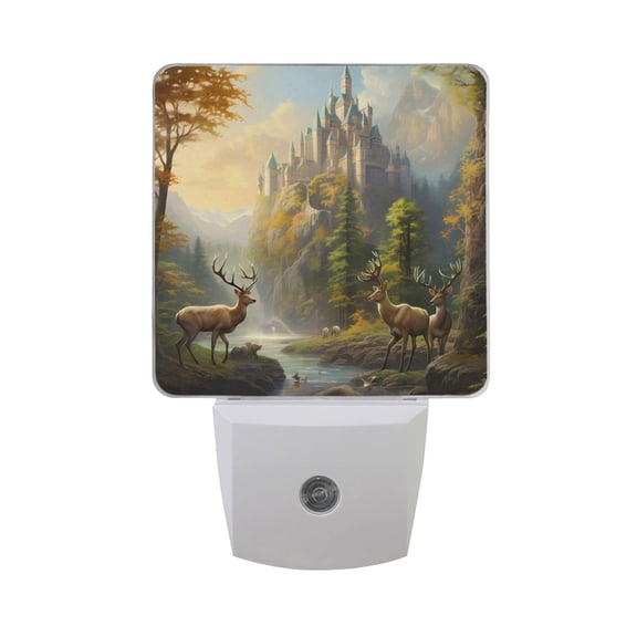 Deers in Magic Landscape Night Light LED Dusk to Dawn Auto Sensor Night Lamp Plug-in Nightlight for Bedroom Hallway Kitchen 2 PCs