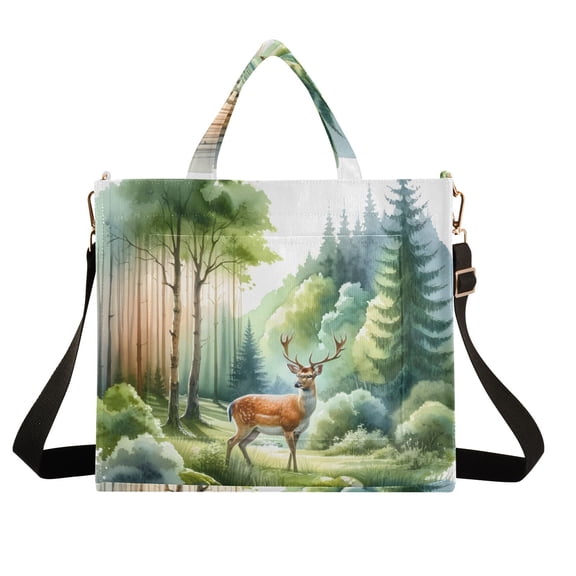 Deers on Forest Corduroy Tote Bag Handbag Large Messenger Bag Shoulder Crossbody Zipper Bag Purse