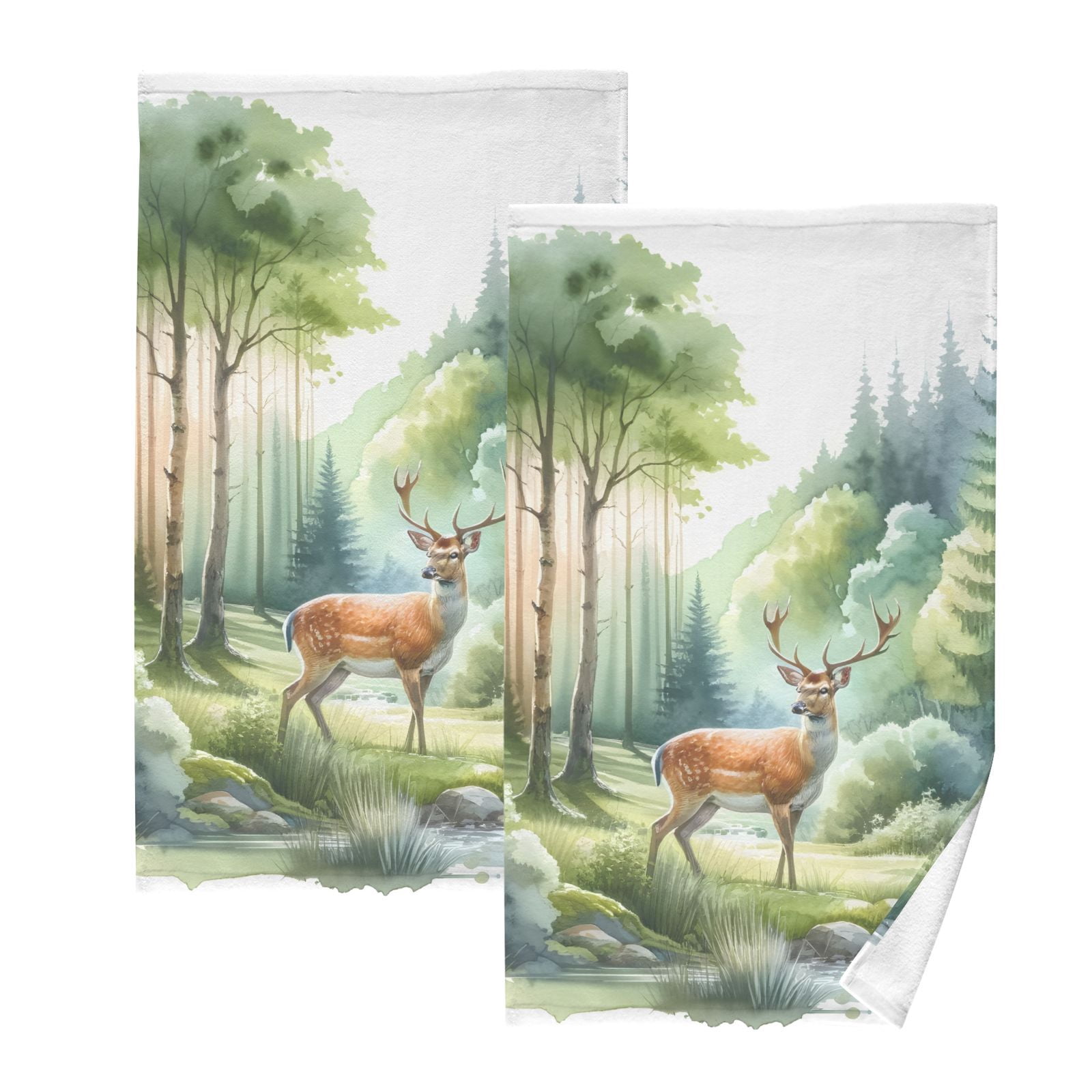 Deers on Forest Hand Towel Bath Towels Face Towels Cotton Absorbent for Home Hotel Spa Swimming Yoga Sports Decorative Towel Set of 2