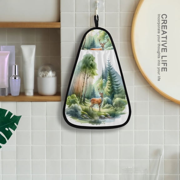 Deers on Forest Hanging Towel Kitchen Hand Towel Bathroom Absorbent Towel Machine Washable Quick Dry Dishcloths