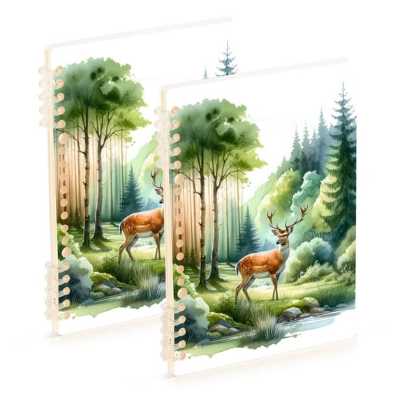 Deers on Forest Ring Binder Notebook Journey Note Diary College Ruled Spiral Notebook Study Loose Leaf Paper A5 60 Pages