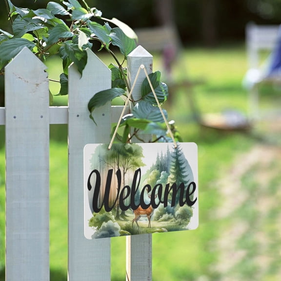 Deers on Forest Welcome Sign for Front Door Porch Wreath Door Sign Home Decoration Rustic Farmhouse Style