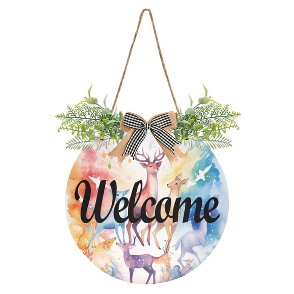Deers with Colorful Welcome Sign for Front Door Wreath Door Sign for Farmhouse Porch Decoration Indoor Outdoor