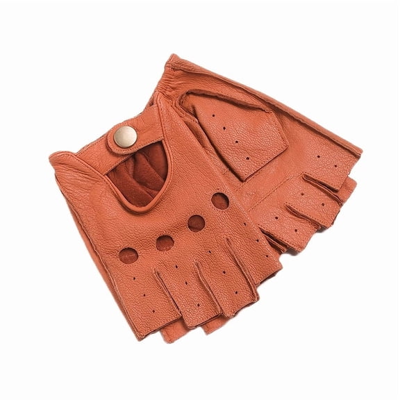 Deerskin-patterned Goat Leather Half-finger Gloves, Genuine Leather All-season Sheepskin Gloves M Saddle Brown