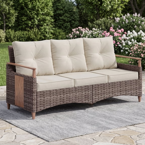 Deersky 3-Person Patio Furniture, High-Back Oversized Sofa with Beige Cushions, All-Weather PE Wicker for Porch, Backyard, Garden