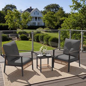 Deersky 3 Pieces Patio Furniture Set, Outdoor Bistro Table and Chairs Set of 2 with PE Wicker Chairs and Side Table for Backyard, Balcony, Porch, and Small Spaces