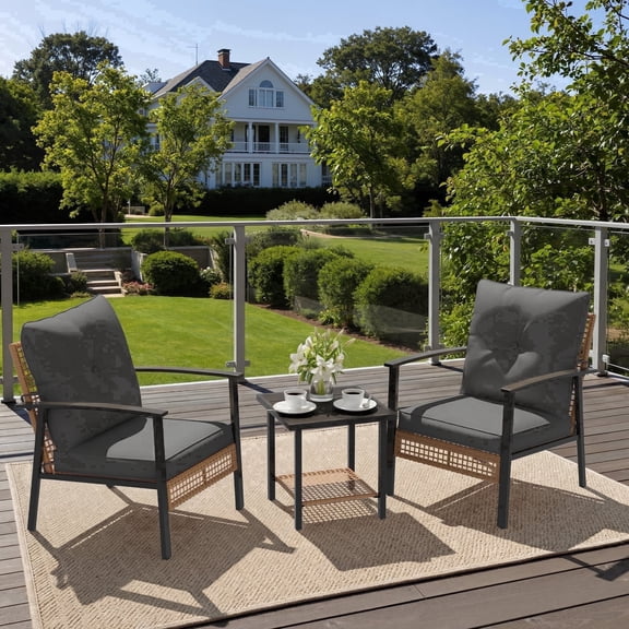 Deersky 3 Pieces Patio Furniture Set, Outdoor Bistro Set with All-Weather PE Wicker Chairs and Side Table, Two Patio Chairs for Porch, Backyard and Small Spaces