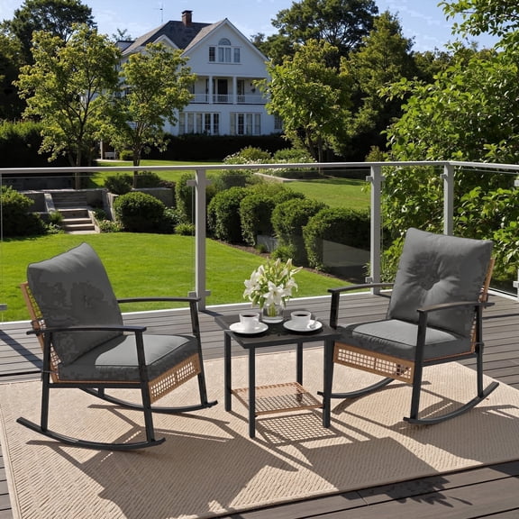 Deersky 3 Pieces Patio Furniture Set, Outdoor Bistro Table and Chairs Set of 2 with PE Wicker Rocking Chairs and Side Table for Backyard, Balcony, Porch, and Small Spaces