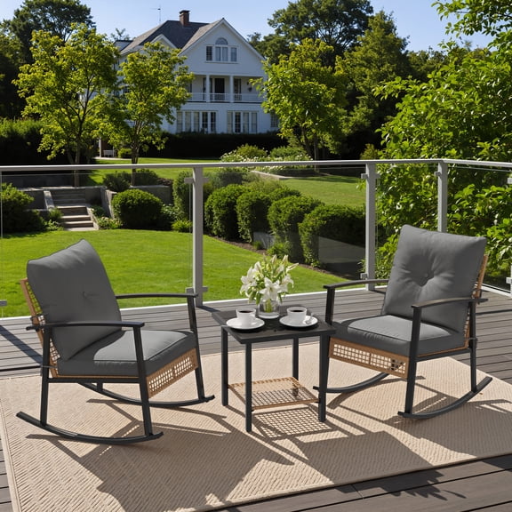 Deersky 3 Pieces Patio Furniture Set, Outdoor Bistro Table and Chairs Set of 2 with PE Wicker Rocking Chairs and Side Table for Backyard, Balcony, Porch, and Small Spaces