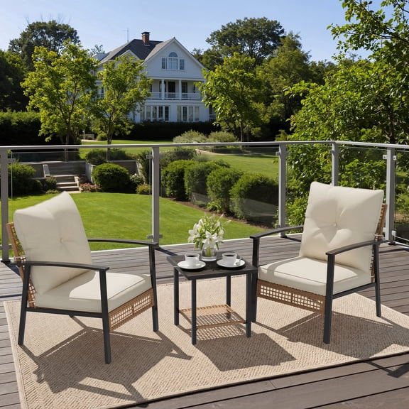 Deersky 3 Pieces Patio Furniture Set, Outdoor Bistro Table and Chairs Set of 2 with PE Wicker Chairs and Side Table for Backyard, Balcony, Porch, and Small Spaces