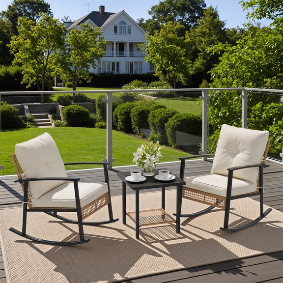 Deersky 3 Pieces Patio Furniture Set, Outdoor Bistro Table and Chairs Set of 2 with PE Wicker Rocking Chairs and Side Table for Backyard, Balcony, Porch, and Small Spaces