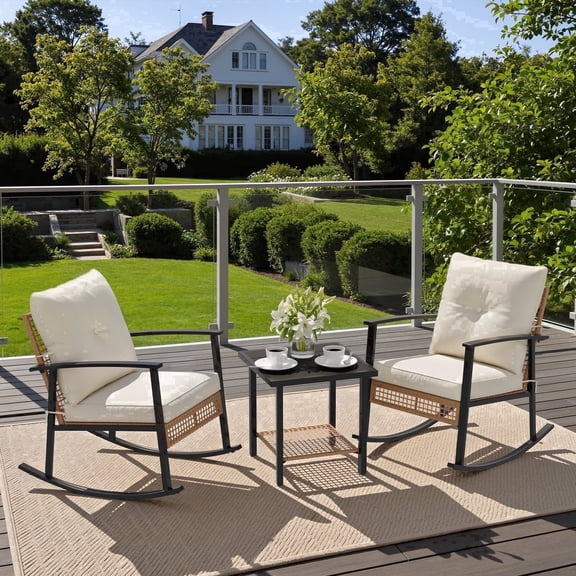 Deersky 3 Pieces Patio Furniture Set, Outdoor Bistro Table and Chairs Set of 2 with PE Wicker Rocking Chairs and Side Table for Backyard, Balcony, Porch, and Small Spaces