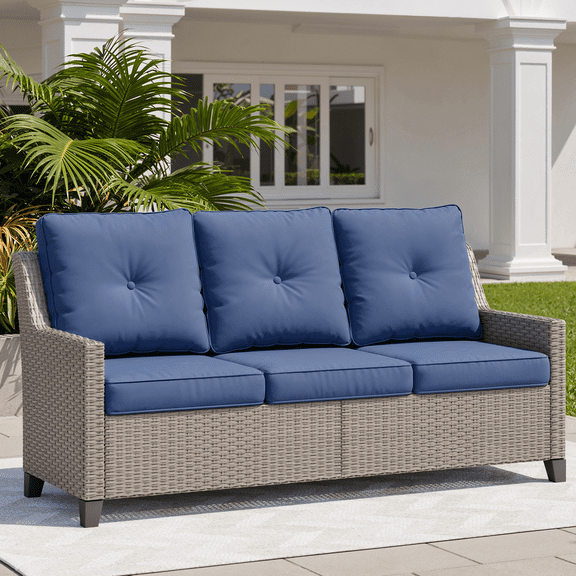 Deersky Outdoor 3-Seat Sofa, Patio Wicker Couch with Supportive Cushions, Oversized All-Weather PE Rattan Patio Furniture for Porch, Backyard, Balcony, Garden & Poolside