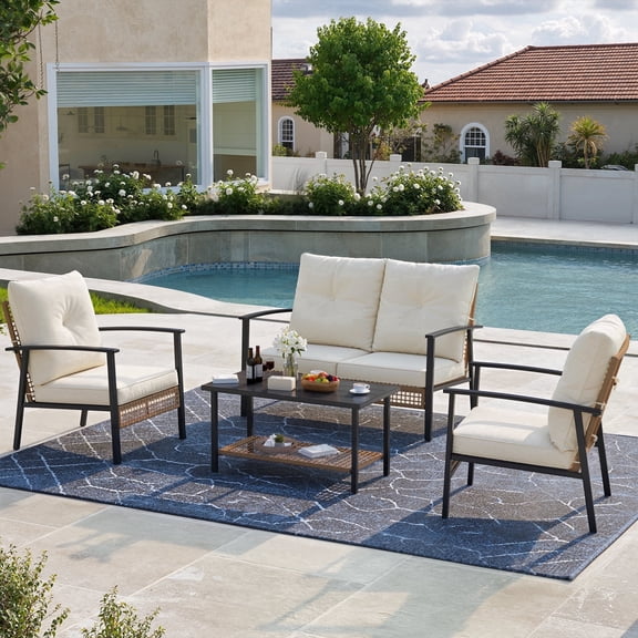 Deersky 4 Pieces Outdoor Patio Furniture Set with 2 All-Weather Wicker Chairs, Loveseat and Coffee Table, Easy Assembly for Balcony, Porch, Backyard