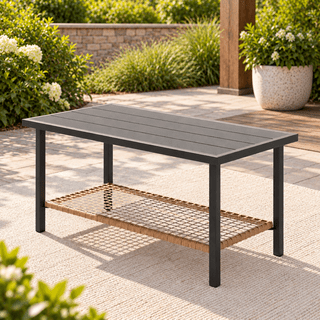 Deersky Outdoor Patio Coffee Table with Storage Shelf, 2-Tier Wicker Coffee Table, Rectangular Metal Frame Table for Garden, Balcony, Porch, Backyard