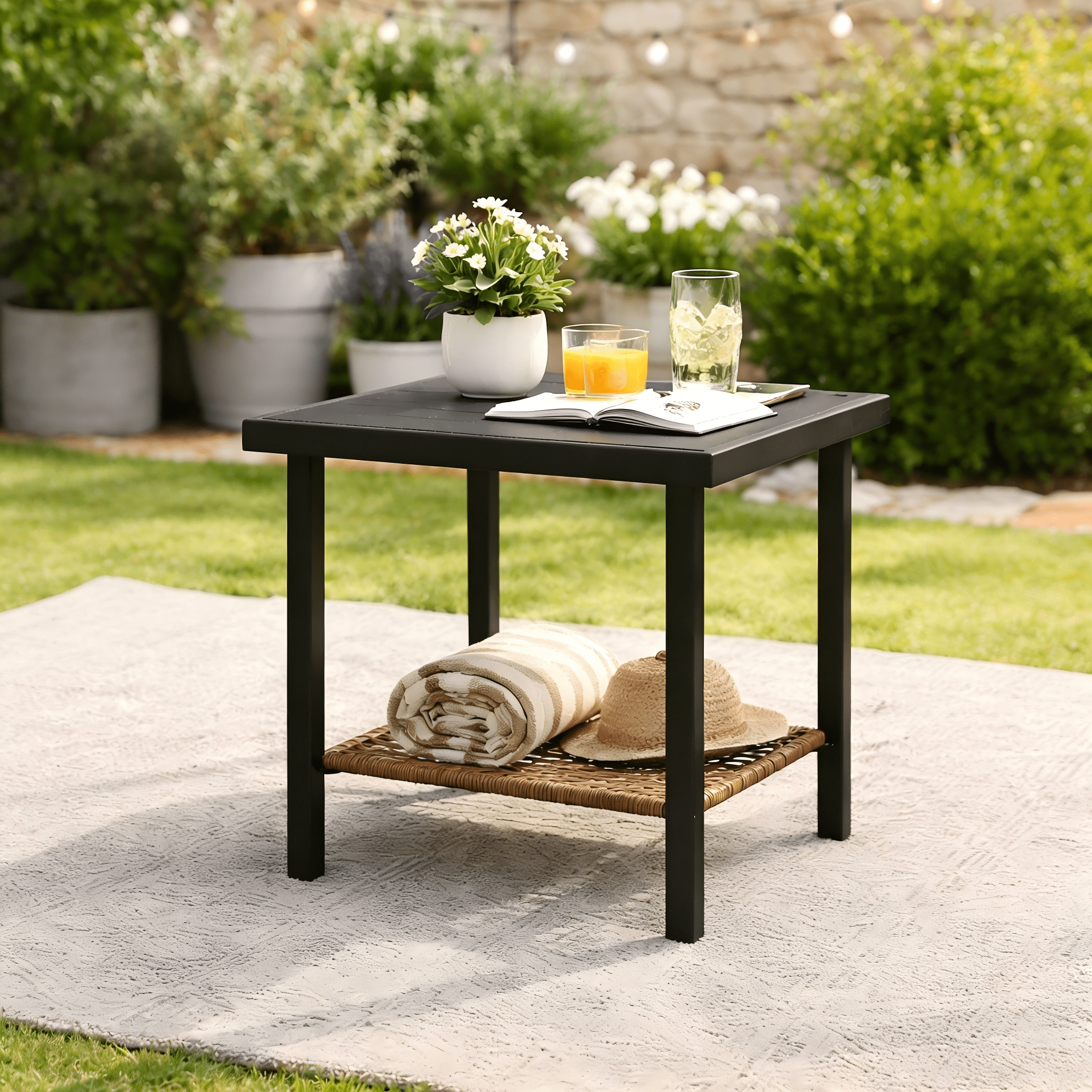 Deersky Outdoor Side Table, 17.7" Square Patio Coffee Table with Lower Wicker Shelf, All-Weather Metal Frame Table for Porch, Balcony, Backyard, Black