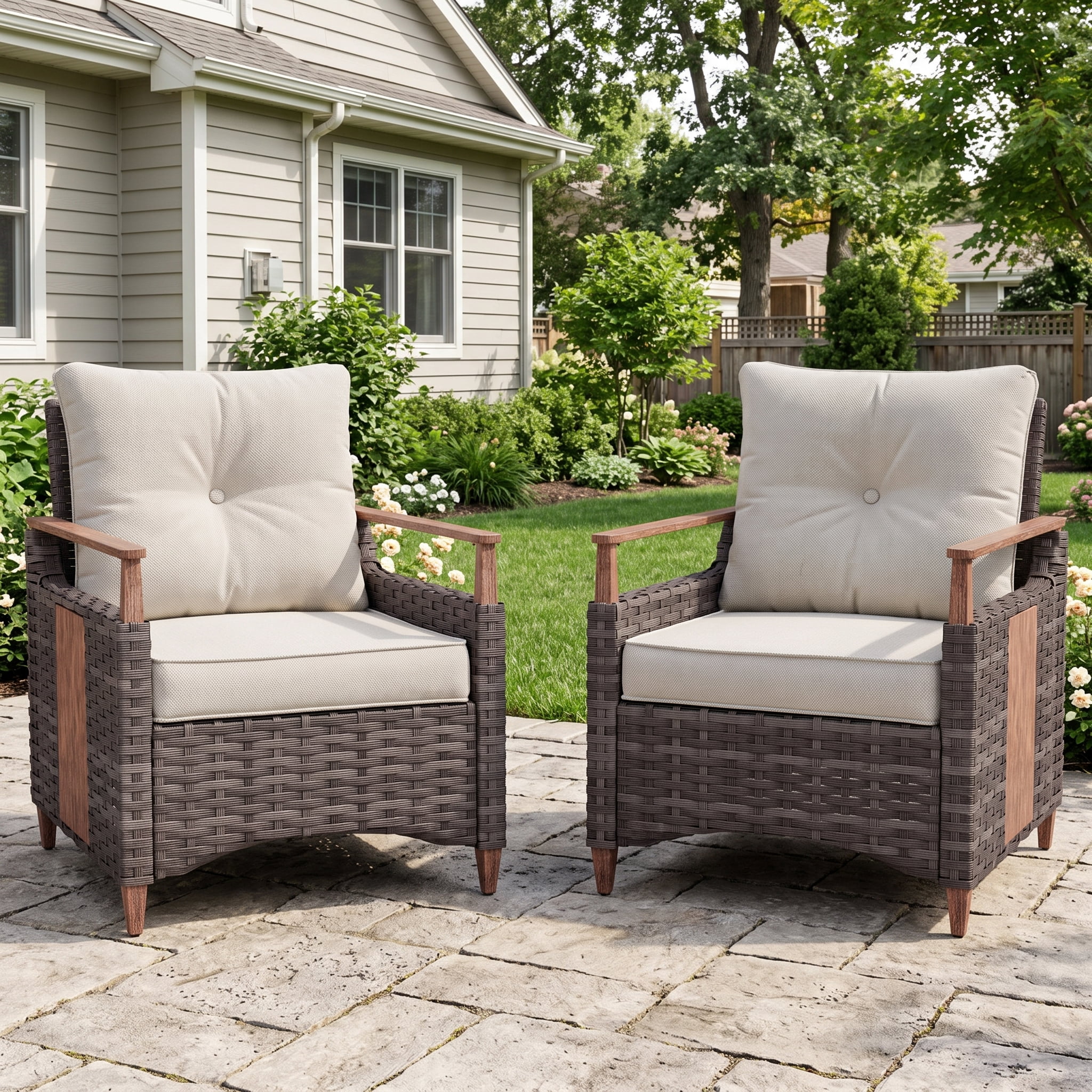 Deersky Patio Chairs Set of 2, Outdoor Wicker Lounge Bistro Chairs with ...