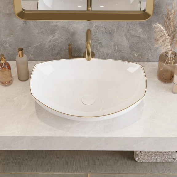 Deervalley 22" X 16" Boat-Shaped Ceramic White Vessel Sink Bathroom Sink With Gold Striped Edges DV-1V0319