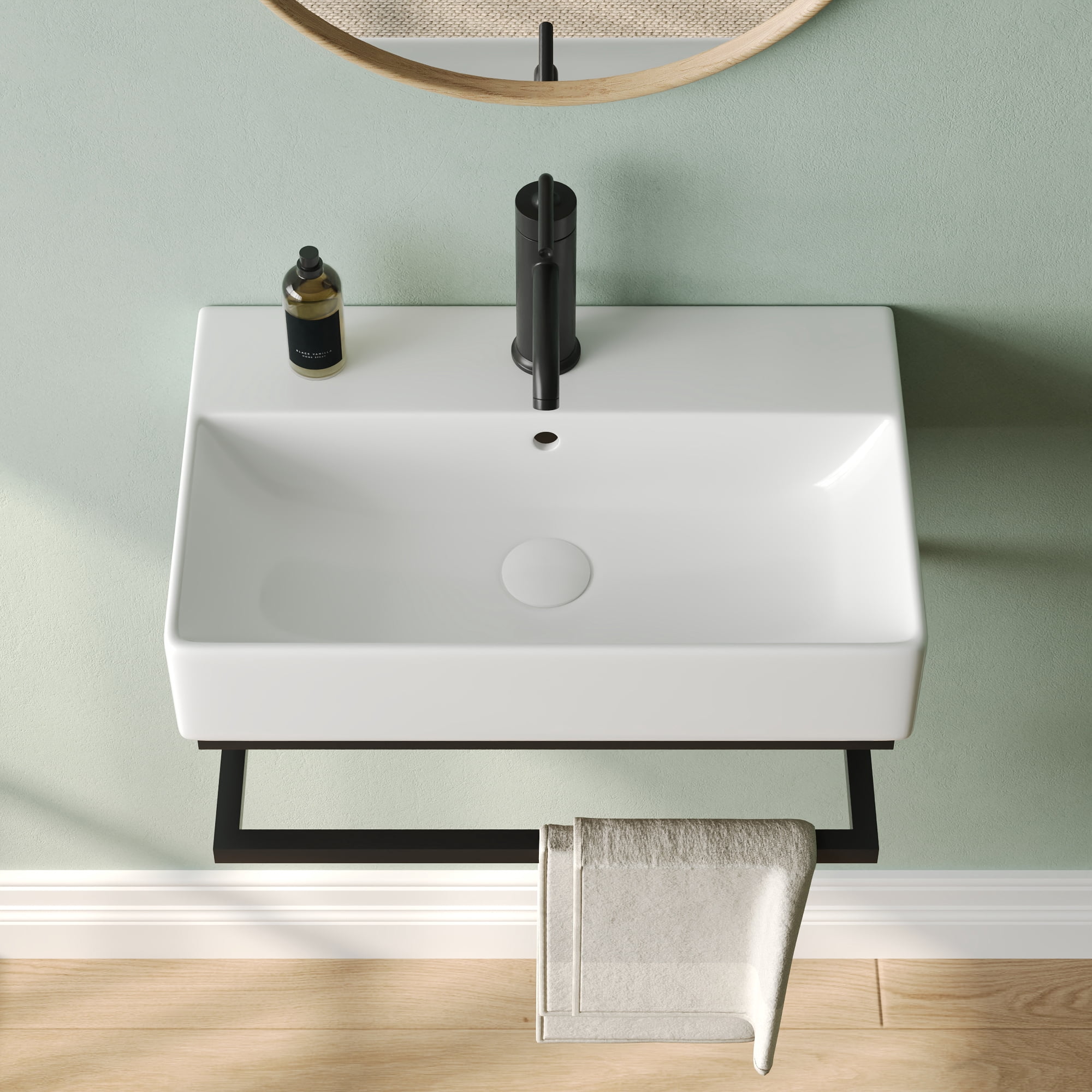 Deervalley 22"X14" White Wall Mounted Bathroom Sink With Black Towel Bar, Rectangular Bathroom Sink With Overflow DV-1WS0322B