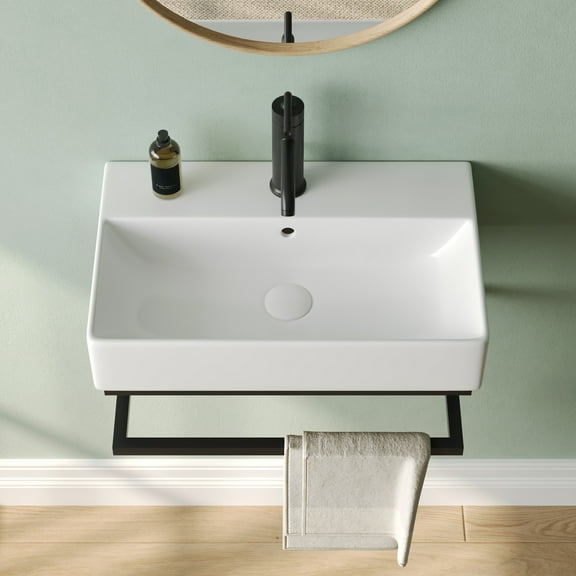 Deervalley 22"X14" White Wall Mounted Bathroom Sink With Black Towel Bar, Rectangular Bathroom Sink With Overflow DV-1WS0322B