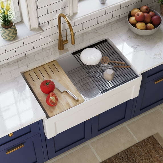 Deervalley 33" L X 20" W Workstation Farmhouse Kitchen Sink With Sink Grid, Cutting Board & Dish-Drying Rack DV-1K0266