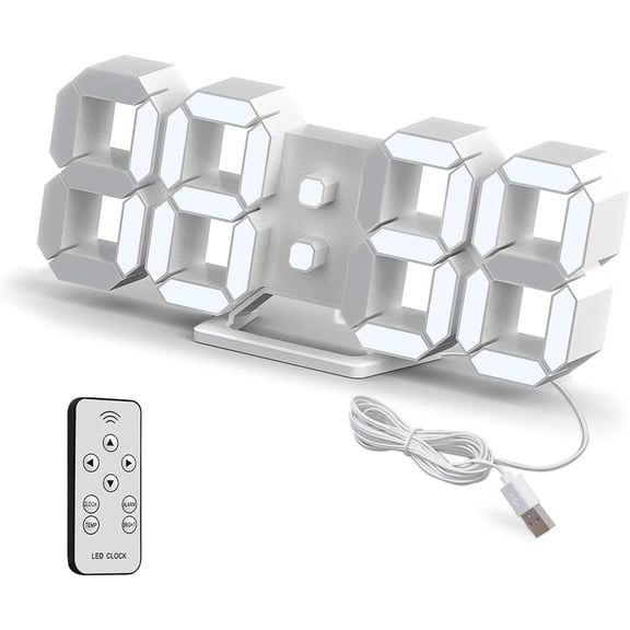 Deeyaple LED Clock, 3D Digital Wall & Desk Alarm Clock with Snooze, Dimmable Display, Time Memory, 12/24H Date & Temperature, Remote Control Night Light for Bedroom, Office, Kitchen, Home (White)
