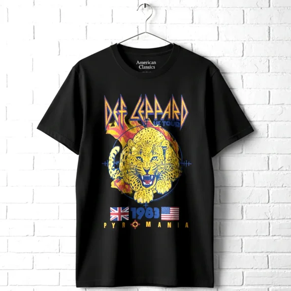 Def Leppard Pyromania US Tour 1983 Men's T Shirt (Black, AdultS)
