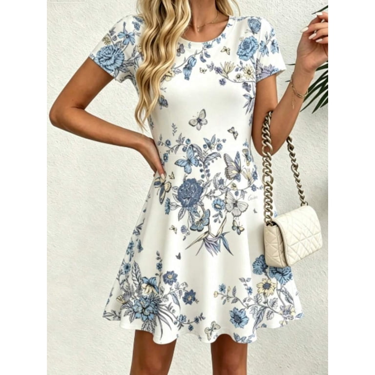 Default Blue Floral Butterfly Print Short Sleeve A-Line Mini Sundress, Casual Round Neck High Waist Flowy Swing Dress