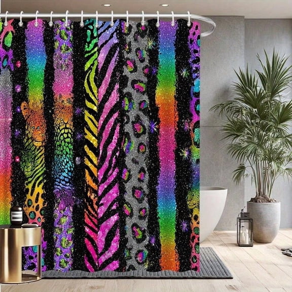 Default Sparkling Rainbow Leopard & Zebra Print Shower Curtain With Hooks - Multicolor Glitter Animal Pattern, 70.8x70.8 Inch