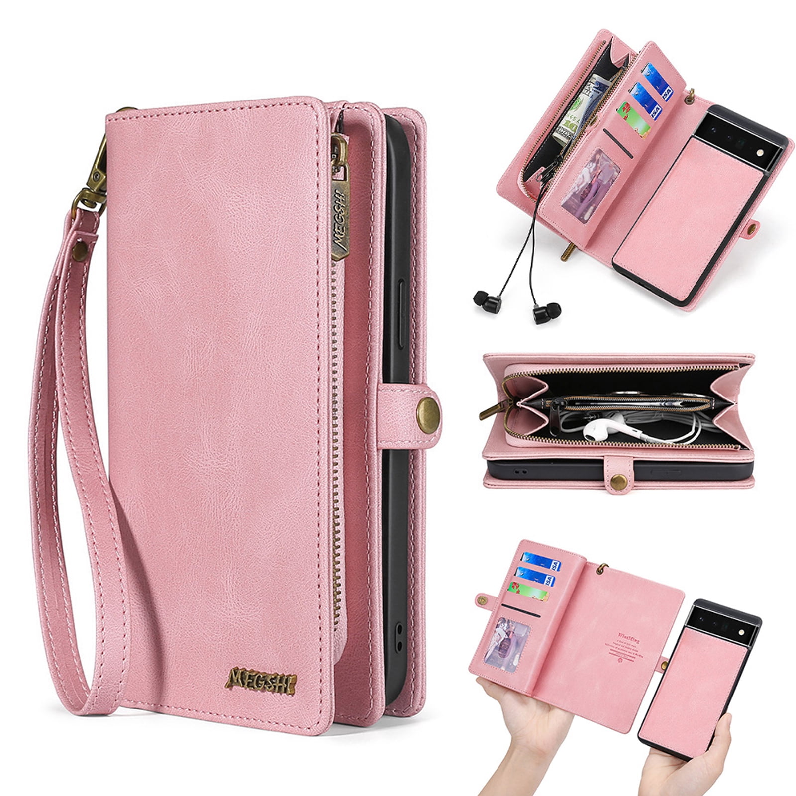 Defencase for Google Pixel 7 Pro Case for Women Men, Removable Durable PU Leather Magnetic Flip Strap Wristlet Zipper Purse Card Holder Detachable Wallet Phone Cases for Google Pixel 7 Pro, Pink