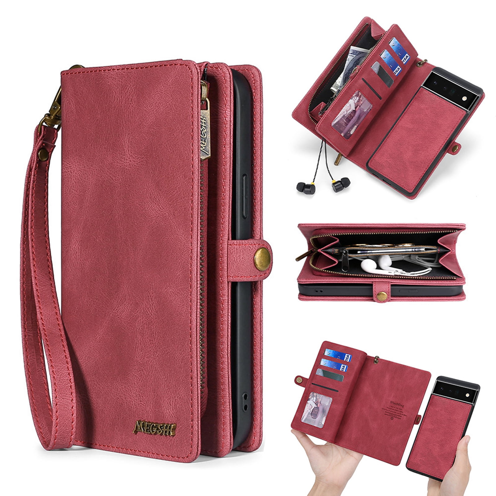 Defencase for Google Pixel 7 Pro Case for Women Men, Removable Durable PU Leather Magnetic Flip Strap Wristlet Zipper Purse Card Holder Detachable Wallet Phone Cases for Google Pixel 7 Pro, Red