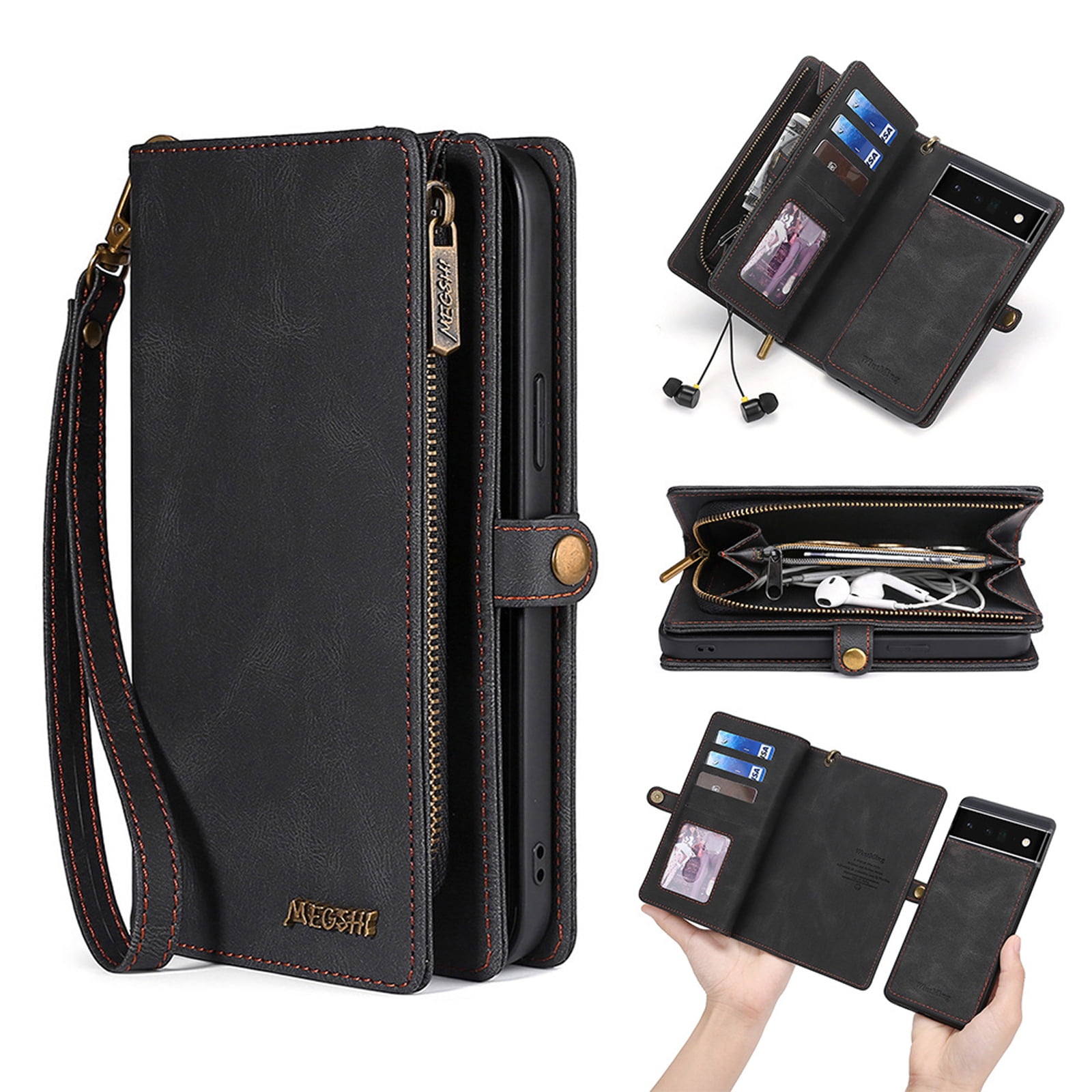 Defencase for Google Pixel 7 Pro Case for Women Men, Removable Durable PU Leather Magnetic Flip Strap Wristlet Zipper Purse Card Holder Detachable Wallet Phone Cases for Google Pixel 7 Pro, Black