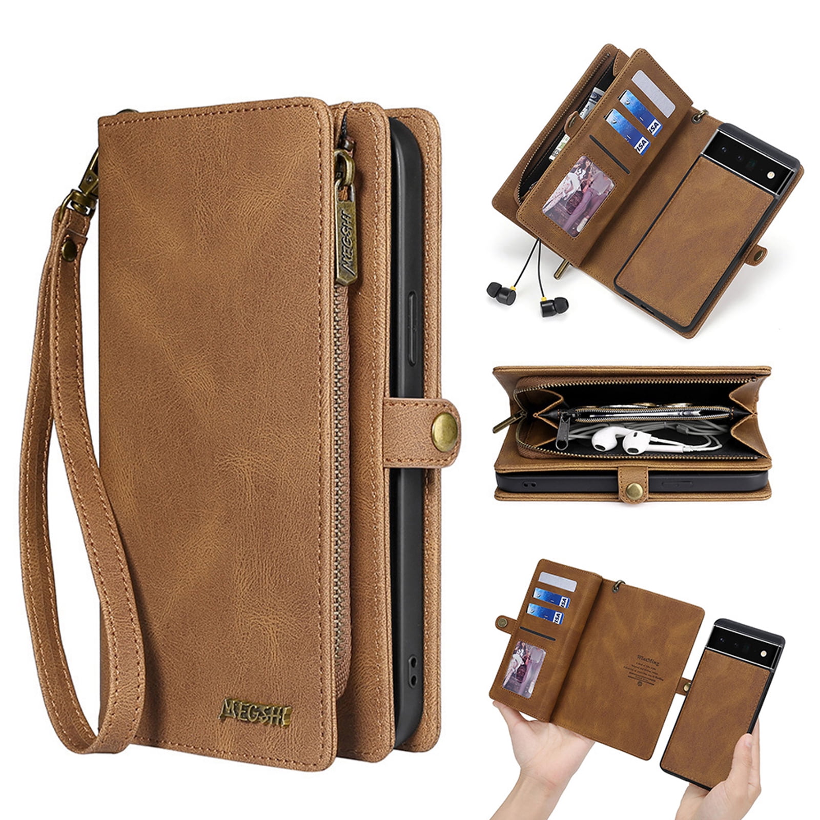 Defencase for Google Pixel 7 Pro Case for Women Men, Removable Durable PU Leather Magnetic Flip Strap Wristlet Zipper Purse Card Holder Detachable Wallet Phone Cases for Google Pixel 7 Pro, Brown