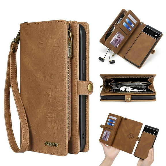 Defencase for Google Pixel 7 Pro Case for Women Men, Removable Durable PU Leather Magnetic Flip Strap Wristlet Zipper Purse Card Holder Detachable Wallet Phone Cases for Google Pixel 7 Pro, Brown