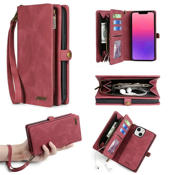 Defencase for iPhone 11 Case for Women Men, Removable Durable PU Leather Magnetic Flip Strap Wristlet Zipper Purse Card Holder Detachable Wallet Phone Cases for iPhone 11, Red