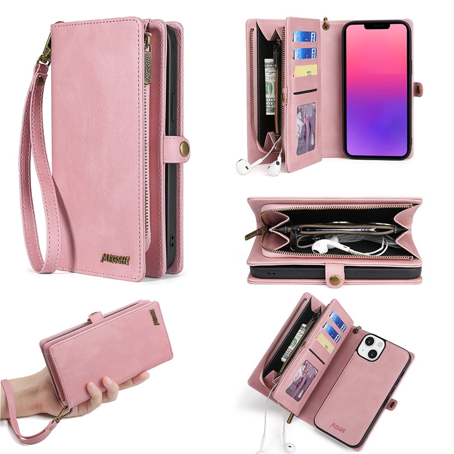 Defencase for iPhone 13 Case for Women Men, Removable Durable PU Leather Magnetic Flip Strap Wristlet Zipper Purse Card Holder Detachable Wallet Phone Cases for iPhone 13, Pink