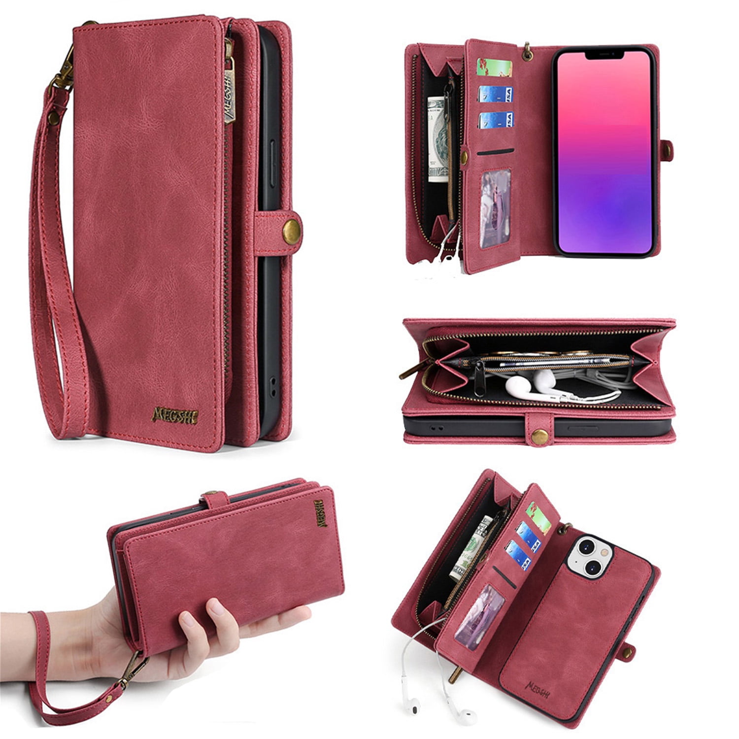 Defencase for iPhone 13 Mini Case for Women Men, Removable Durable PU Leather Magnetic Flip Strap Wristlet Zipper Purse Card Holder Detachable Wallet Phone Cases for iPhone 13 Mini, Red
