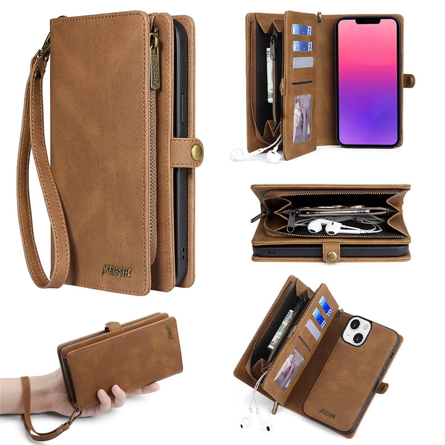 Defencase for iPhone 13 Mini Case for Women Men, Removable Durable PU Leather Magnetic Flip Strap Wristlet Zipper Purse Card Holder Detachable Wallet Phone Cases for iPhone 13 Mini, Brown