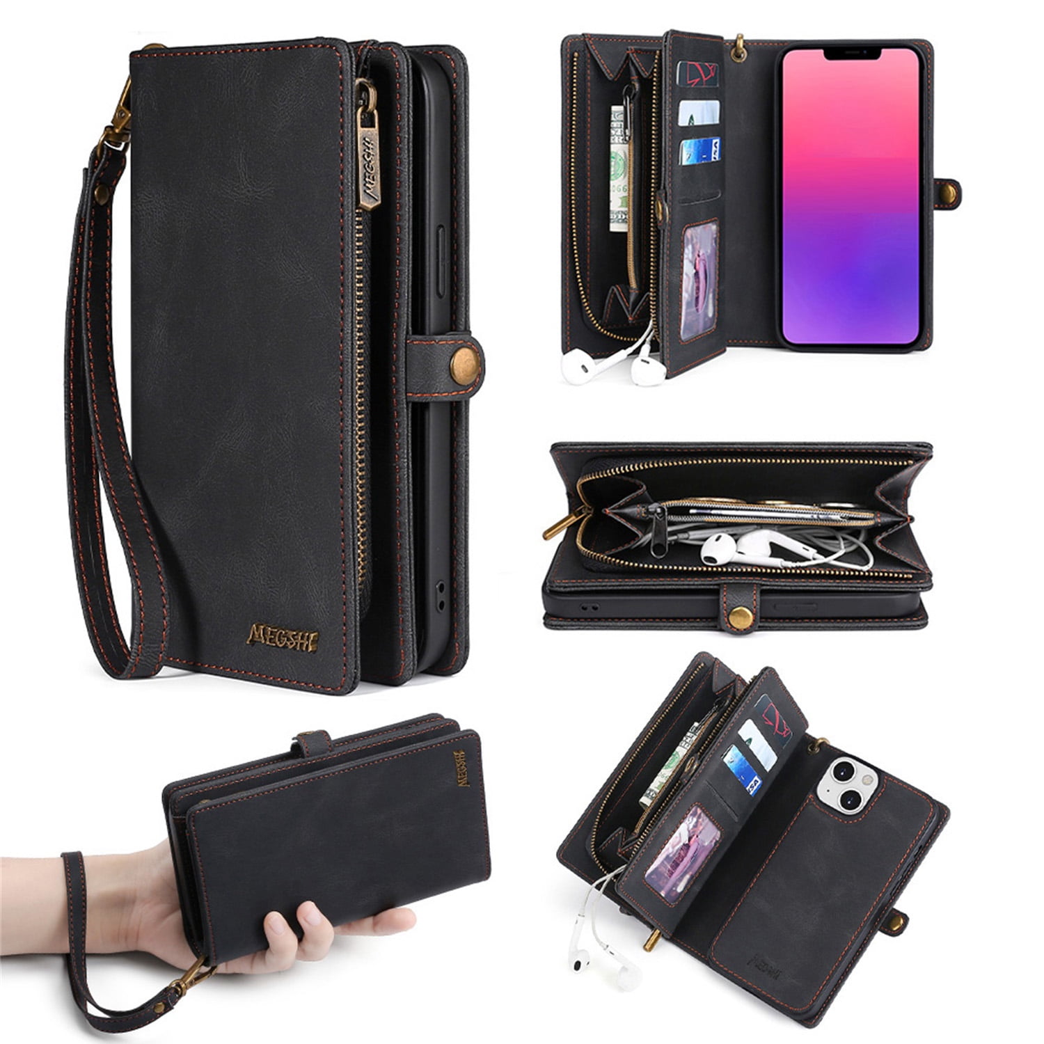 Defencase for iPhone 13 Mini Case for Women Men, Removable Durable PU Leather Magnetic Flip Strap Wristlet Zipper Purse Card Holder Detachable Wallet Phone Cases for iPhone 13 Mini, Black