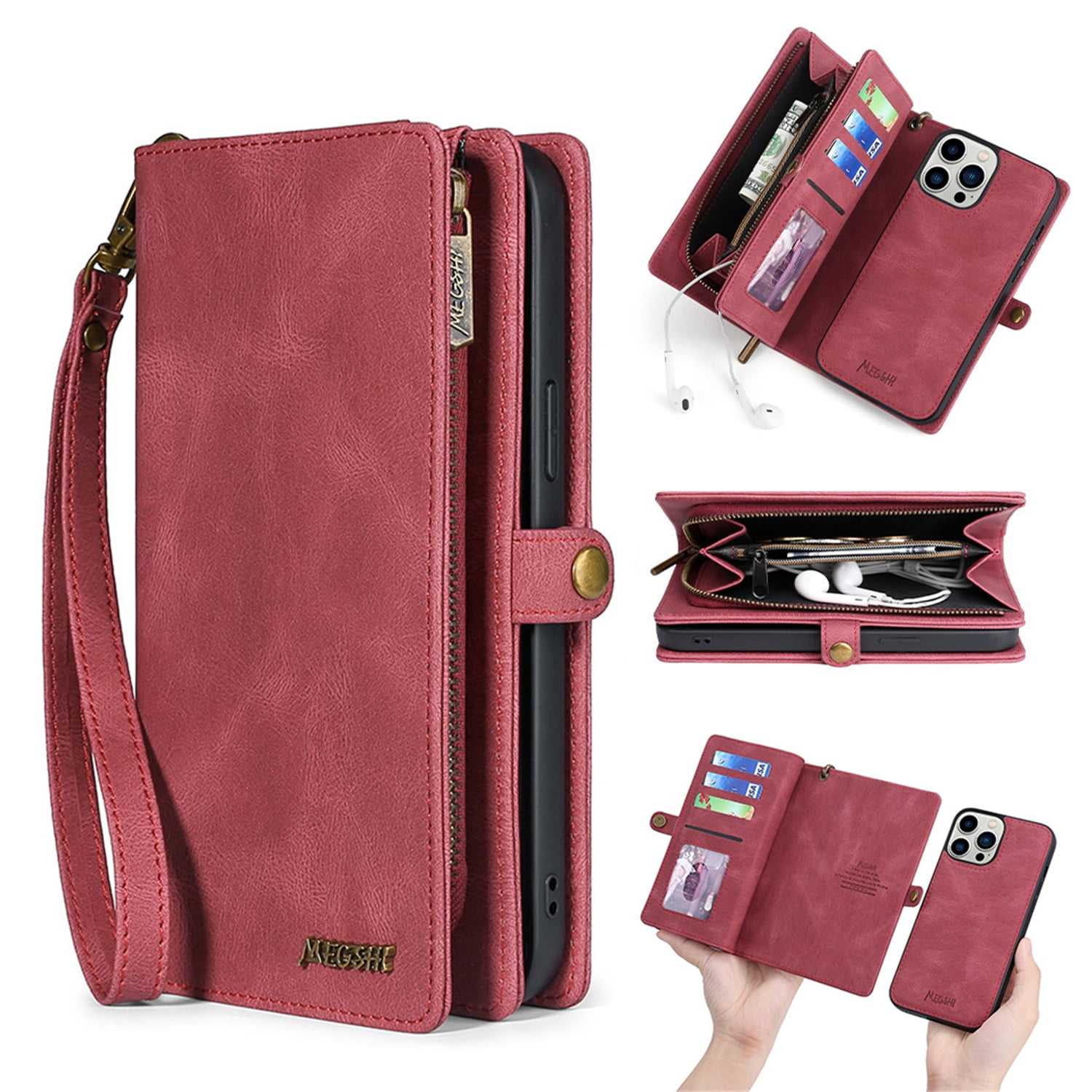 Defencase for iPhone 13 Pro Max Case for Women Men, Removable Durable PU Leather Magnetic Flip Strap Wristlet Zipper Purse Card Holder Detachable Wallet Phone Cases for iPhone 13 Pro Max, Red