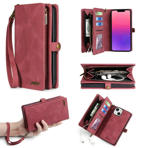 Defencase for iPhone 14 Case for Women Men, Removable Durable PU Leather Magnetic Flip Strap Wristlet Zipper Purse Card Holder Detachable Wallet Phone Cases for iPhone 14, Red