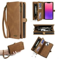 Defencase for iPhone 14 Plus Case for Women Men, Removable Durable PU Leather Magnetic Flip Strap Wristlet Zipper Purse Card Holder Detachable Wallet Phone Cases for iPhone 14 Plus, Brown