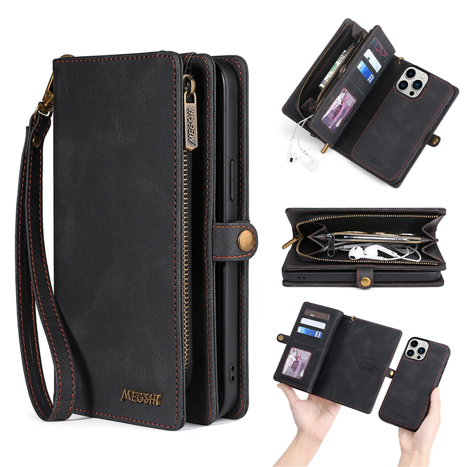Defencase for iPhone 15 Pro Max Case for Women Men, Removable Durable PU Leather Magnetic Flip Strap Wristlet Zipper Purse Card Holder Detachable Wallet Phone Cases for iPhone 15 Pro Max, Black